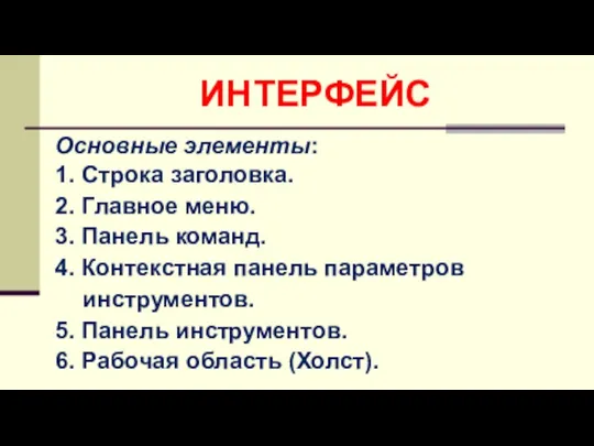 Основные элементы: 1. Строка заголовка. 2. Главное меню. 3. Панель команд. 4.