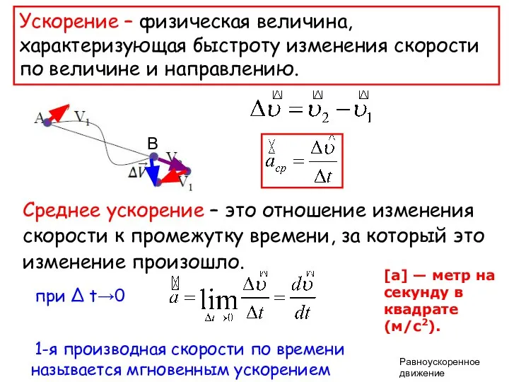 Ускорение – физическая величина, характеризующая быстроту изменения скорости по величине и направлению.