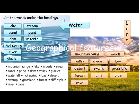 Geographical features List the words under the headings. Water L a n