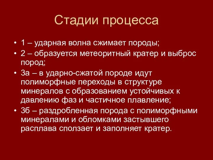 Стадии процесса 1 – ударная волна сжимает породы; 2 – образуется метеоритный