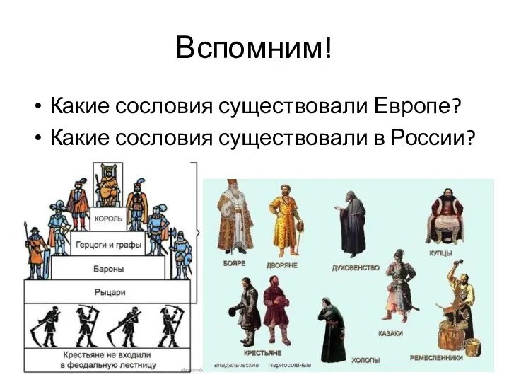 Вспомним! Какие сословия существовали Европе? Какие сословия существовали в России?