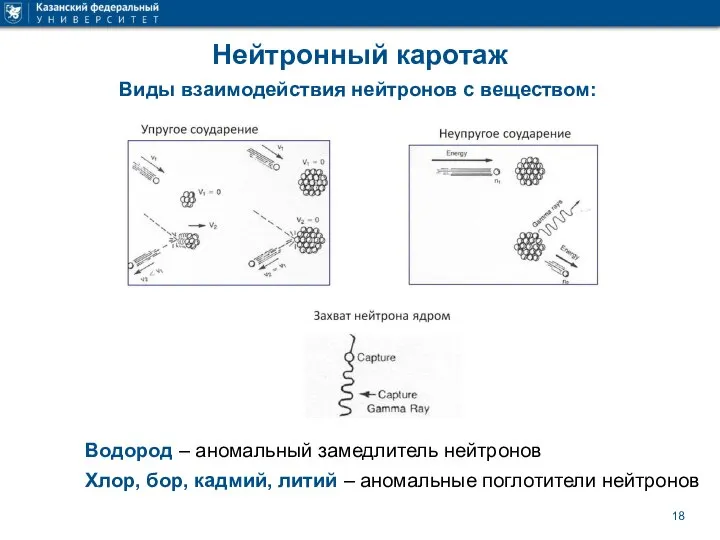 Нейтронный каротаж Виды взаимодействия нейтронов с веществом: Водород – аномальный замедлитель нейтронов