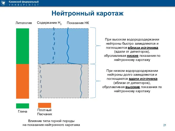 Нейтронный каротаж Влияние типа горной породы на показания нейтронного каротажа Глина Плотный