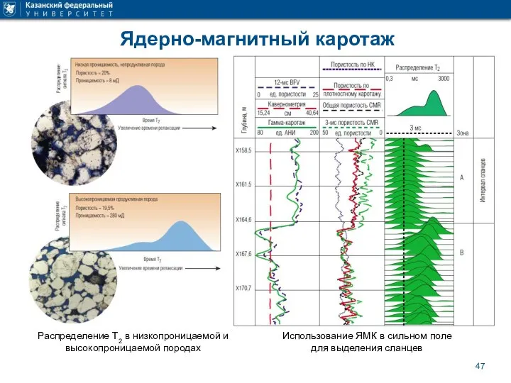 Ядерно-магнитный каротаж Распределение T2 в низкопроницаемой и высокопроницаемой породах Использование ЯМК в