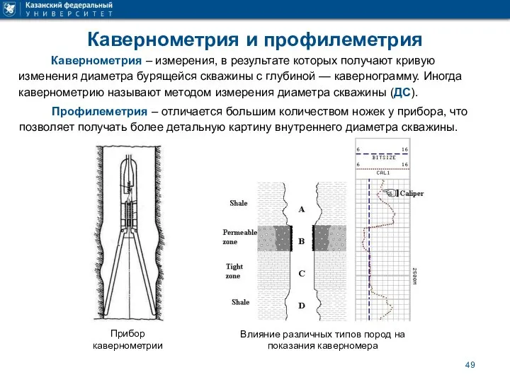 Кавернометрия и профилеметрия Кавернометрия – измерения, в результате которых получают кривую изменения