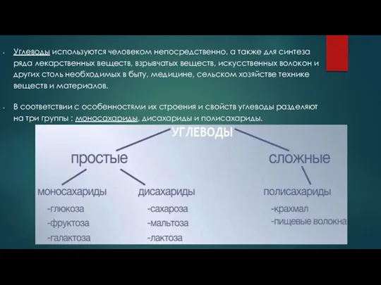 Углеводы используются человеком непосредственно, а также для синтеза ряда лекарственных веществ, взрывчатых