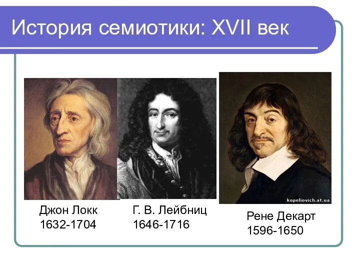 История семиотики: XVII век Джон Локк 1632-1704 Г. В. Лейбниц 1646-1716 Рене Декарт 1596-1650