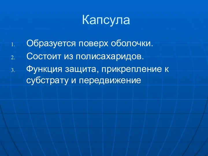 Капсула Образуется поверх оболочки. Состоит из полисахаридов. Функция защита, прикрепление к субстрату и передвижение