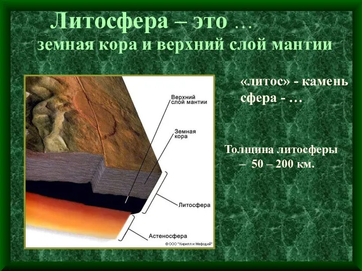 Литосфера – это … Толщина литосферы – 50 – 200 км. «литос»