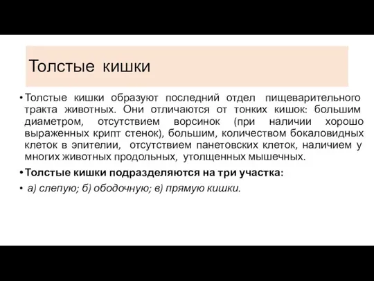 Толстые кишки Толстые кишки образуют последний отдел пищеварительного тракта животных. Они отличаются