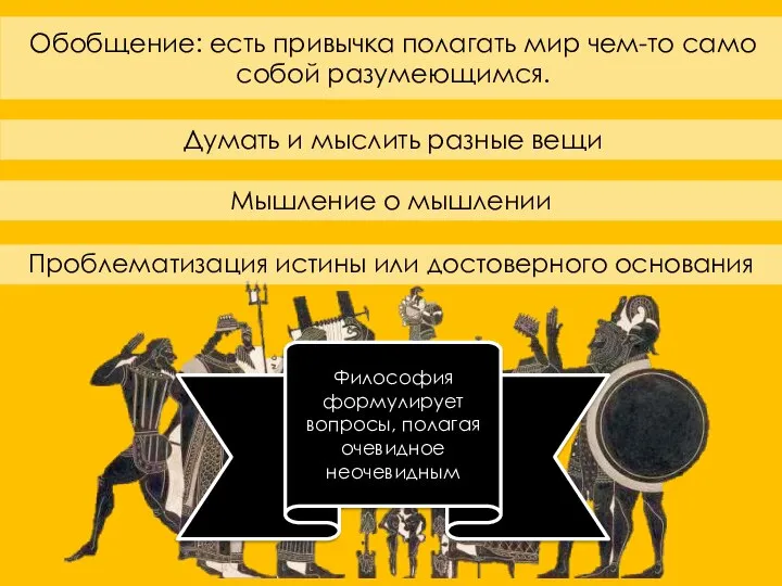 Обобщение: есть привычка полагать мир чем-то само собой разумеющимся. Философия формулирует вопросы,