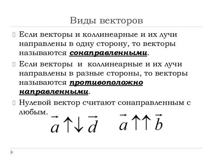 Виды векторов Если векторы и коллинеарные и их лучи направлены в одну