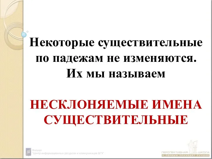 Некоторые существительные по падежам не изменяются. Их мы называем НЕСКЛОНЯЕМЫЕ ИМЕНА СУЩЕСТВИТЕЛЬНЫЕ