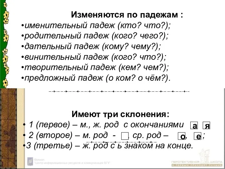 Изменяются по падежам : именительный падеж (кто? что?); родительный падеж (кого? чего?);