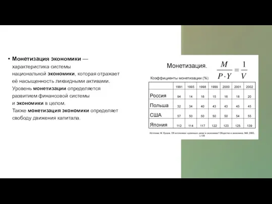 Монетизация экономики — характеристика системы национальной экономики, которая отражает её насыщенность ликвидными