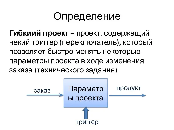 Определение Гибкиий проект – проект, содержащий некий триггер (переключатель), который позволяет быстро