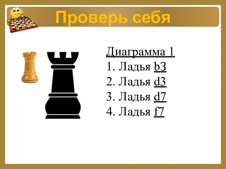 Проверь себя Диаграмма 1 1. Ладья bЗ 2. Ладья d3 3. Ладья d7 4. Ладья f7