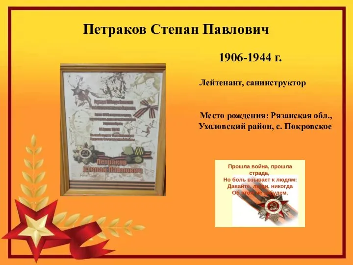 Петраков Степан Павлович 1906-1944 г. Лейтенант, санинструктор Место рождения: Рязанская обл., Ухоловский район, с. Покровское