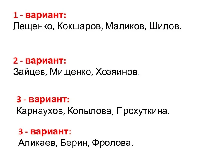 1 - вариант: Лещенко, Кокшаров, Маликов, Шилов. 2 - вариант: Зайцев, Мищенко,