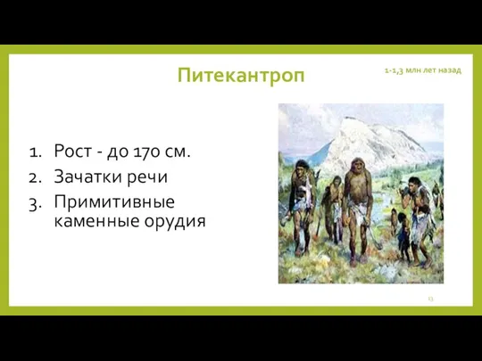 Питекантроп Рост - до 170 см. Зачатки речи Примитивные каменные орудия 1-1,3 млн лет назад