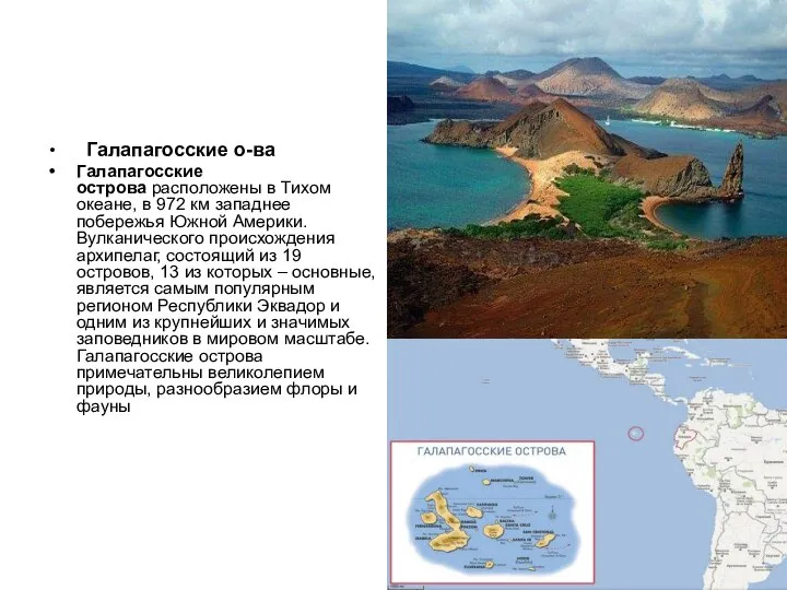 Галапагосские о-ва Галапагосские острова расположены в Тихом океане, в 972 км западнее
