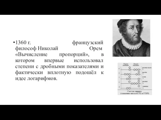 1360 г. французский философ Николай Орем «Вычисление пропорций», в котором впервые использовал