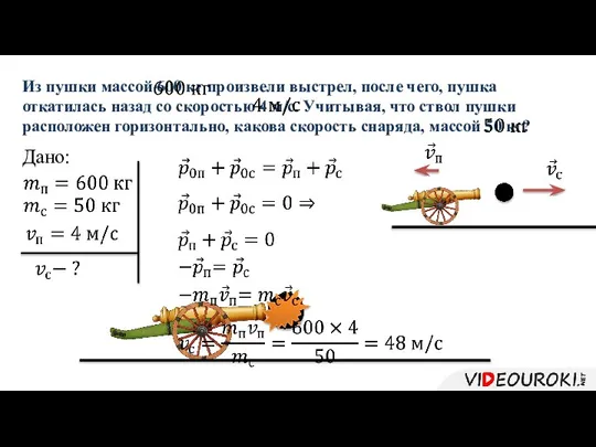 Из пушки массой 600 кг произвели выстрел, после чего, пушка откатилась назад