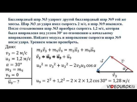 Биллиардный шар №3 ударяет другой биллиардный шар №9 той же массы. Шар