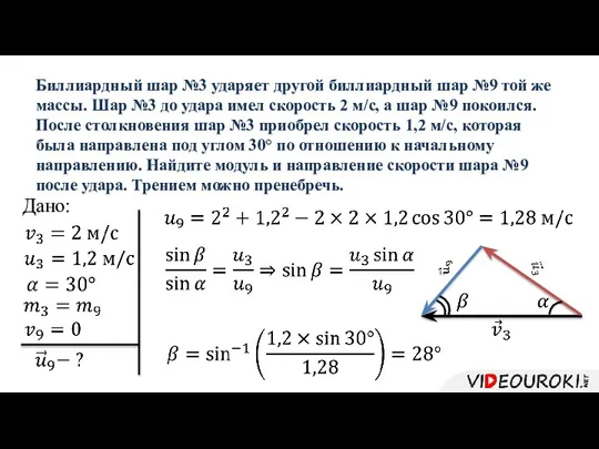 Биллиардный шар №3 ударяет другой биллиардный шар №9 той же массы. Шар