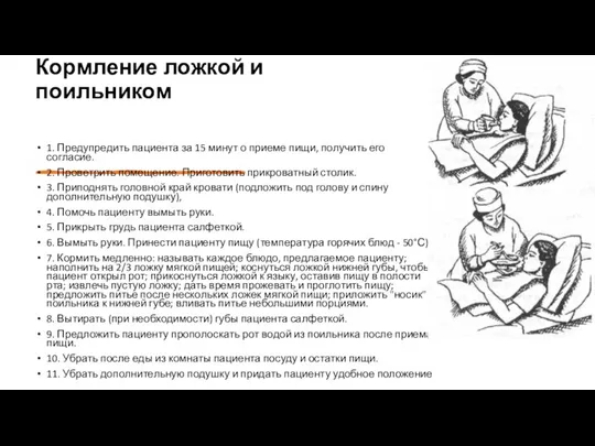 Кормление ложкой и поильником 1. Предупредить пациента за 15 минут о приеме