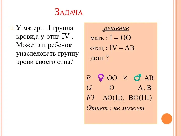 Задача У матери I группа крови,а у отца IV . Может ли