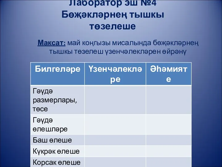 Лаборатор эш №4 Бөҗәкләрнең тышкы төзелеше Максат: май коңгызы мисалында бөҗәкләрнең тышкы төзелеш үзенчәлекләрен өйрәнү