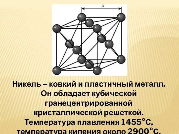 Никель – ковкий и пластичный металл. Он обладает кубической гранецентрированной кристаллической решеткой.