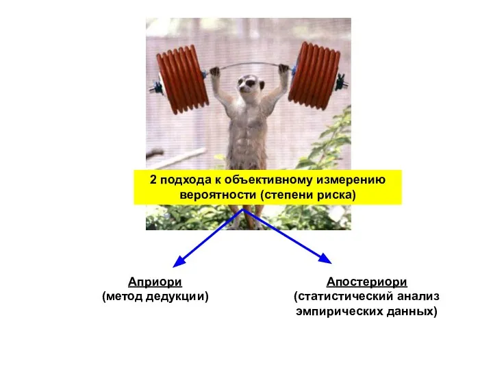 2 подхода к объективному измерению вероятности (степени риска)‏ Априори (метод дедукции)‏ Апостериори (статистический анализ эмпирических данных)‏