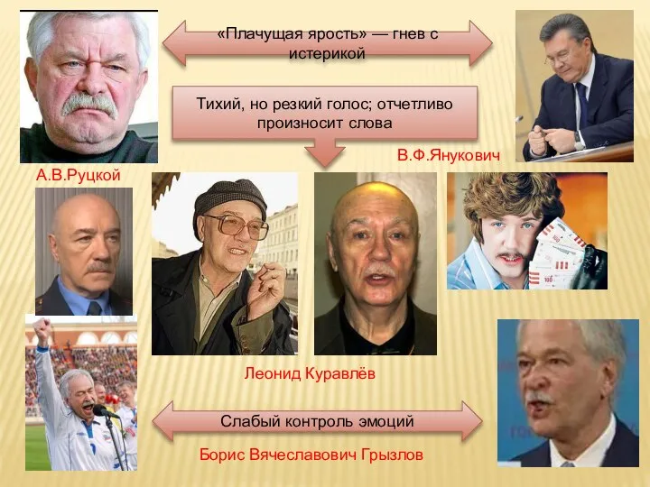 «Плачущая ярость» — гнев с истерикой А.В.Руцкой В.Ф.Янукович Слабый контроль эмоций Борис