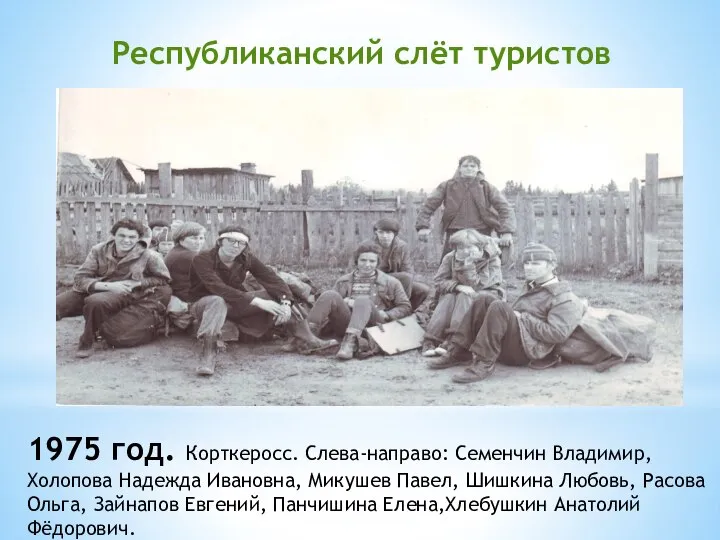 Республиканский слёт туристов 1975 год. Корткеросс. Слева-направо: Семенчин Владимир, Холопова Надежда Ивановна,