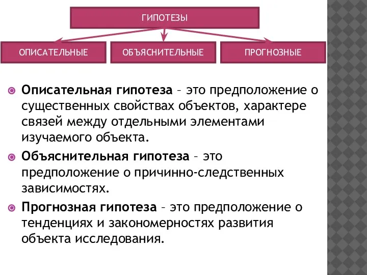 Описательная гипотеза – это предположение о существенных свойствах объектов, характере связей между