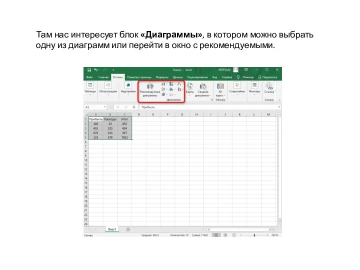 Там нас интересует блок «Диаграммы», в котором можно выбрать одну из диаграмм