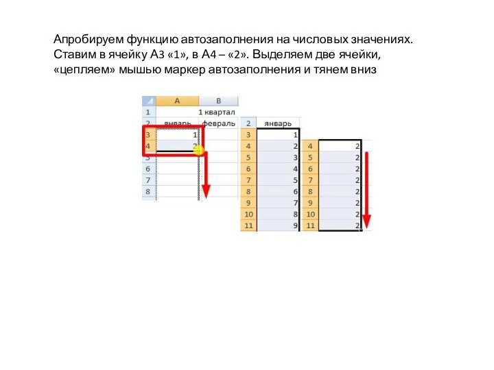 Апробируем функцию автозаполнения на числовых значениях. Ставим в ячейку А3 «1», в