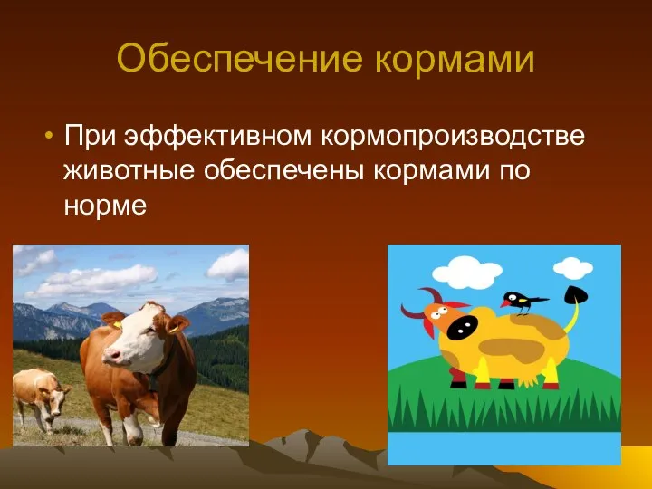 Обеспечение кормами При эффективном кормопроизводстве животные обеспечены кормами по норме