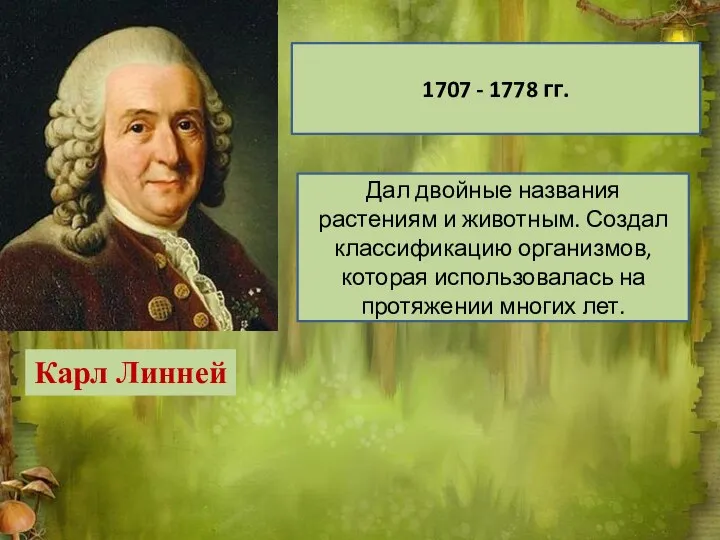 Карл Линней 1707 - 1778 гг. Дал двойные названия растениям и животным.