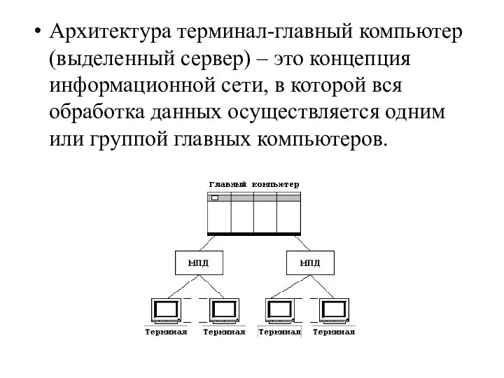 Архитектура терминал-главный компьютер (выделенный сервер) – это концепция информационной сети, в которой