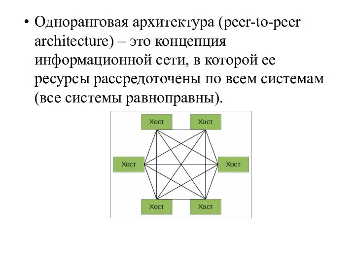Одноранговая архитектура (peer-to-peer architecture) – это концепция информационной сети, в которой ее
