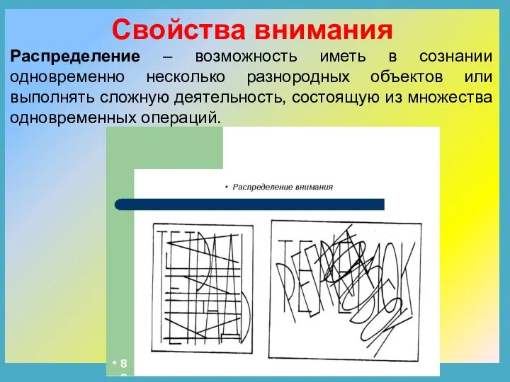 Свойства внимания Распределение – возможность иметь в сознании одновременно несколько разнородных объектов