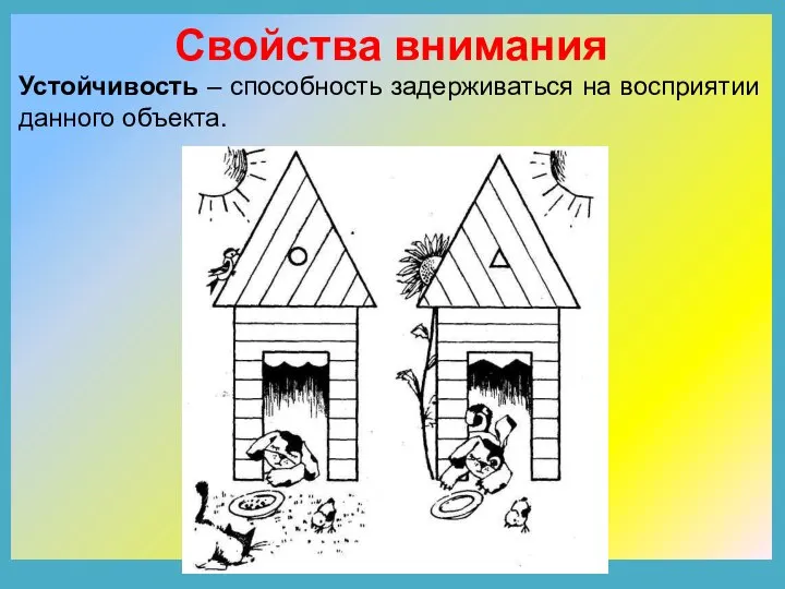 Свойства внимания Устойчивость – способность задерживаться на восприятии данного объекта.