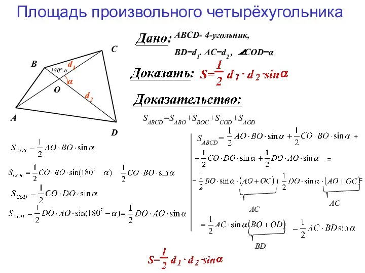 Площадь произвольного четырёхугольника A D B C α O d1 d2 ABCD-