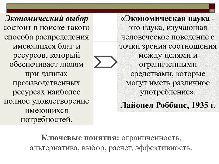 Экономический выбор состоит в поиске такого способа распределения имеющихся благ и ресурсов,