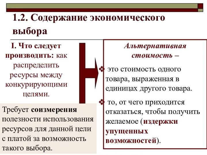 1.2. Содержание экономического выбора I. Что следует производить: как распределить ресурсы между