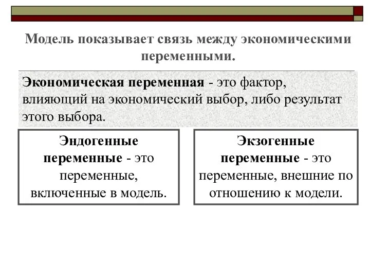 Экономическая переменная - это фактор, влияющий на экономический выбор, либо результат этого