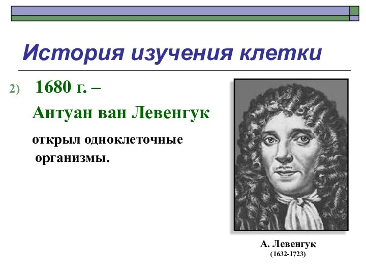 История изучения клетки 1680 г. – Антуан ван Левенгук открыл одноклеточные организмы. А. Левенгук (1632-1723)